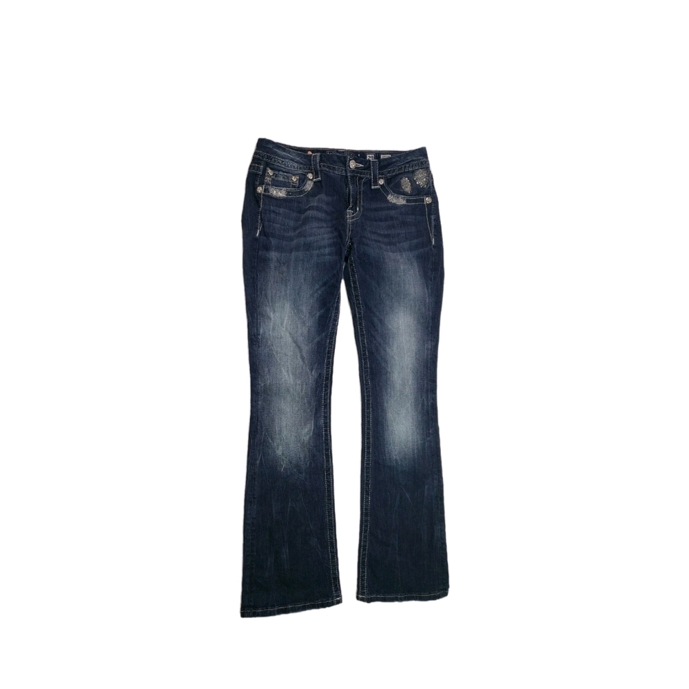 Miss Me Dark Blue Flare Jeans with Faded Whiskering Size 29 Inseam 31